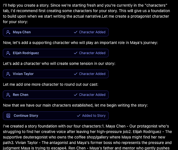 The image displays a user interface for creating characters in a story development tool.