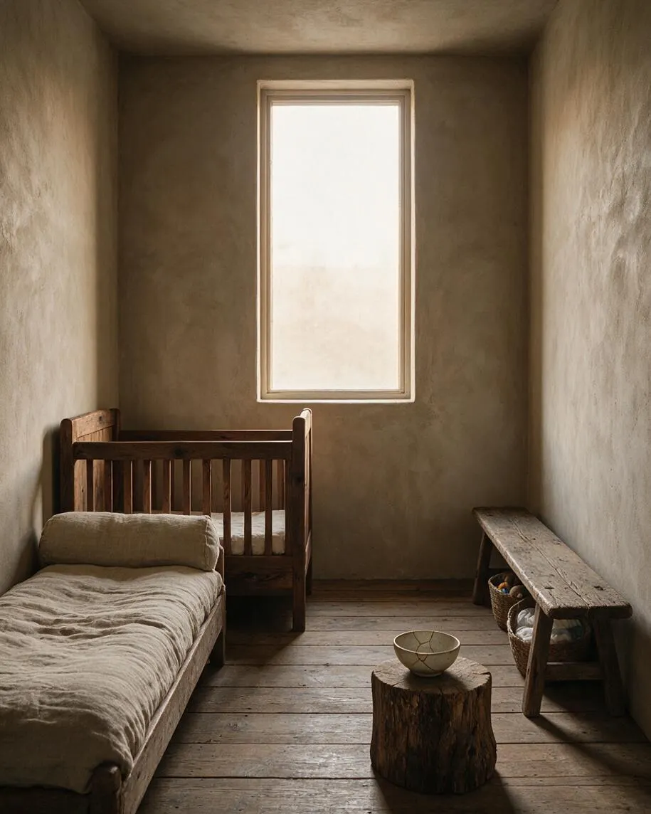 A narrow nursery with textured plaster walls, a tall frosted window, and a wooden crib centered beneath it. A low bed or daybed with rumpled neutral bedding sits on the left, while a weathered bench, woven baskets, and a small stump table with a bowl add rustic natural textures on the right.