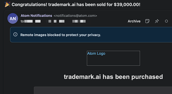 A notification email confirming the sale of the domain trademark.ai for $39,000.