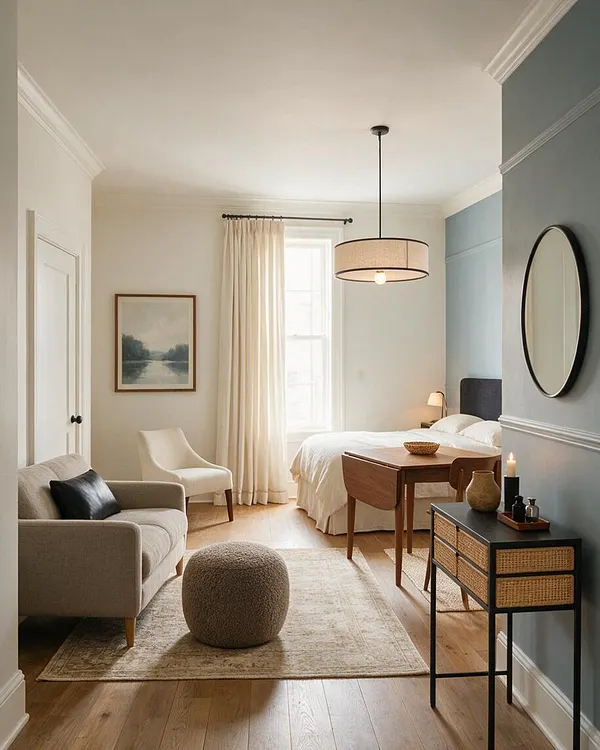 A compact studio apartment combines a sleeping area and lounge with a beige sofa, round ottoman, upholstered bed, and a small wood desk. Cream curtains, a pale rug, black-framed mirror, and a woven-front console add warmth against soft blue-gray and white walls.