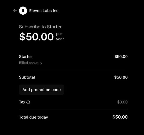 The image displays a subscription interface for Eleven Labs Inc., showing pricing details for a yearly plan.