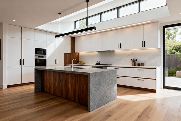 A contemporary kitchen with matte white flat-panel cabinets and black pulls is illuminated by clerestory windows. A large island with a honed gray stone waterfall countertop and stainless sink sits on walnut paneling. The back wall features a white marble slab backsplash, gas cooktop, built-in ovens, and under-cabinet LED strip lighting. Wide-plank light oak floors and a black linear pendant complete the space, with a glass door opening to a garden.