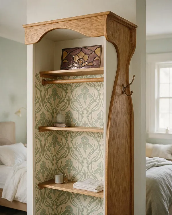 A narrow open closet or shelving unit stands in a soft, light-filled bedroom. It features a warm wood top and sculpted side panel with flowing Art Nouveau curves, open wooden shelves, a decorative botanical wallpaper back panel in muted green, and a small stained-glass accent on the top shelf.
