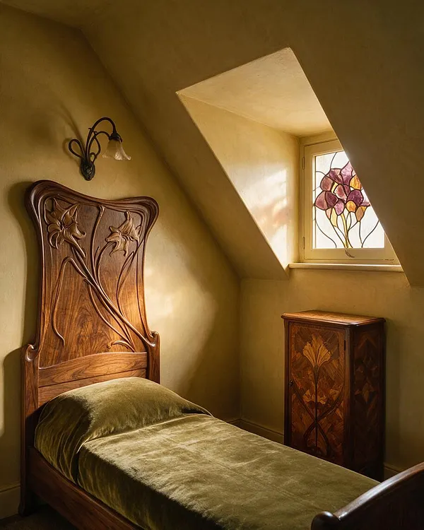 A cozy attic guest bedroom features a carved wooden bed with an ornate Art Nouveau floral headboard, olive green bedding, and warm beige walls. A small stained-glass window with flower motifs and a decorative wood cabinet add handcrafted character.