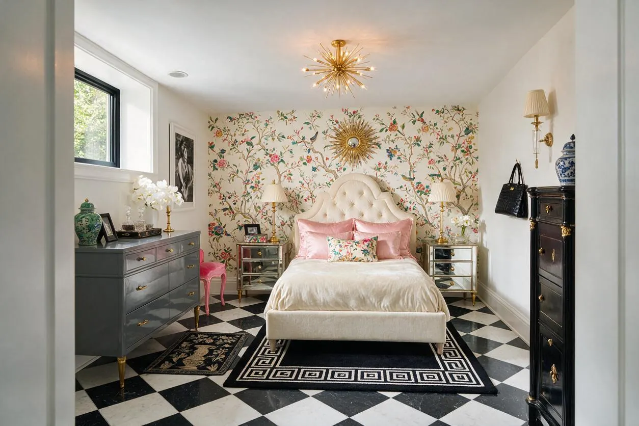 A compact basement bedroom with a tufted cream upholstered bed centered against floral wallpaper, flanked by mirrored nightstands and cream lamps. The room features a black-and-white checkerboard floor, a black Greek key rug, gold starburst ceiling lights, and glam accents like brass, mirrored surfaces, and lacquered furniture.