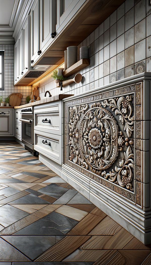 A detailed image showing a tiled kitchen backsplash with a subtle inset tile pattern, incorporating a few darker tiles among lighter ones to create a decorative border around the area.