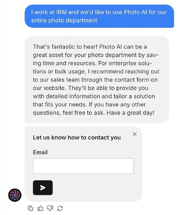 The image displays a chat interface discussing the use of Photo AI for IBM's photo department.