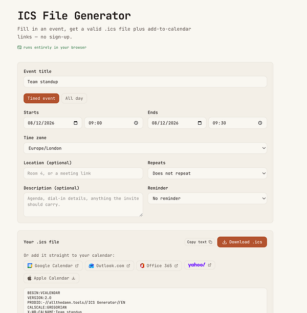 Screenshot of an ICS File Generator interface with fields for event details including event name, date, and time, and options to generate an ICS file for calendar use.