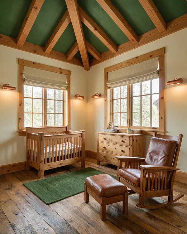 A rustic nursery with exposed wood ceiling beams, two large windows with linen roman shades, a wooden crib, a pine dresser, and a leather rocking chair with matching ottoman. The room features wide-plank wood floors, cream walls, green ceiling panels, and warm copper wall sconces.
