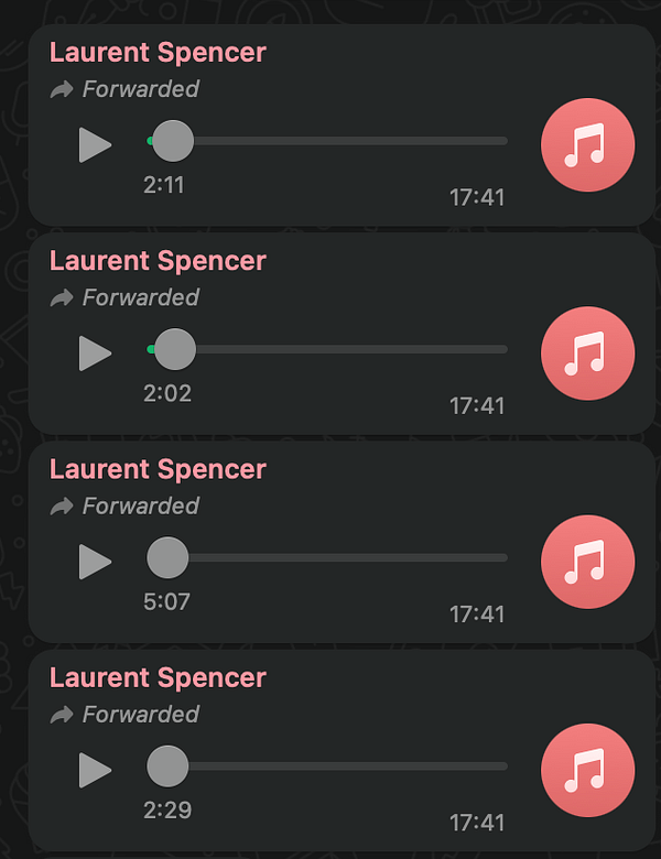 The image displays a list of four audio files forwarded from a contact named Laurent Spencer.