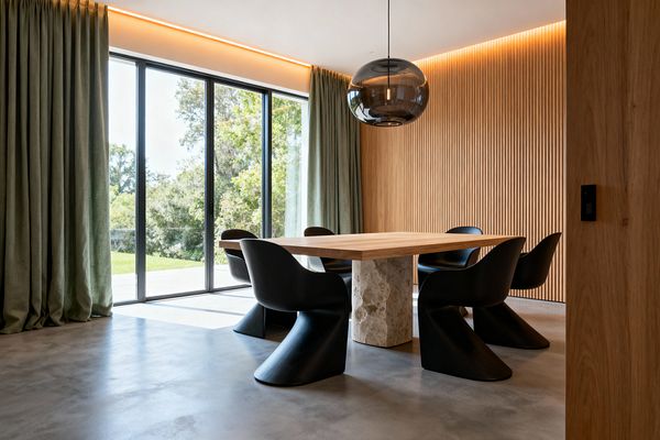 A contemporary dining room features a light oak rectangular table on a travertine pedestal, encircled by four sculptural black chairs, set on a polished concrete floor. Floor-to-ceiling glazing with black frames overlooks greenery, softened by sage curtains, while an oak slat accent wall and warm cove LEDs provide ambient glow; a smoked glass globe pendant hangs above, creating a calm, minimalist atmosphere.