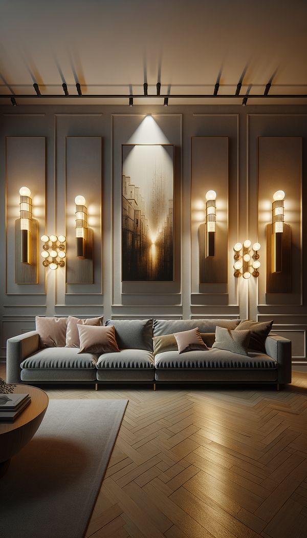 a series of decorative wall-mounted sconces illuminating a modern living room, highlighting the artwork on the walls and providing a warm, ambient glow.
