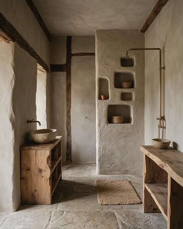 A serene master bathroom in Wabi-Sabi style with textured plaster walls, exposed wood beams, and stone flooring. Rustic wooden vanities with stone basin sinks and brass wall-mounted faucets frame the space, while built-in wall niches hold woven baskets and small pottery accents.
