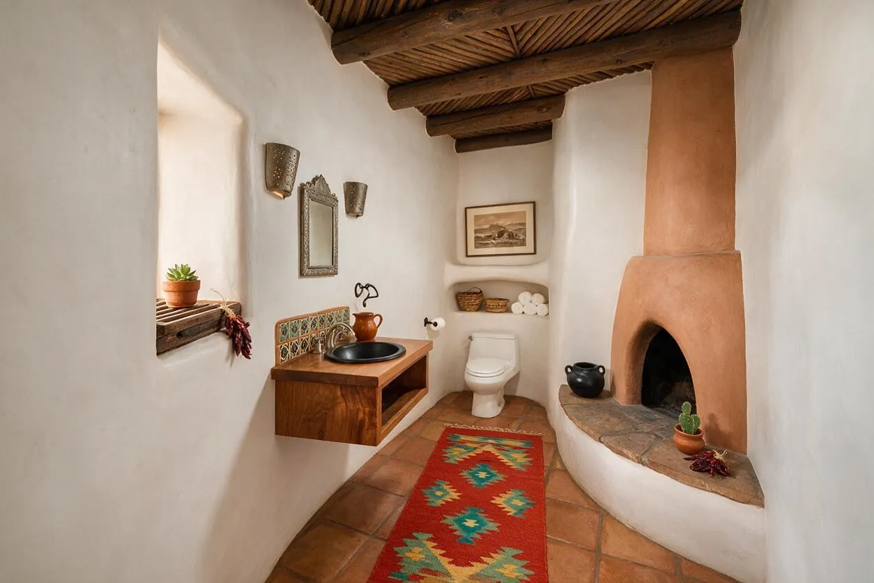 A narrow Southwestern powder room with white stucco walls, exposed wood ceiling beams, terracotta floor tiles, and a curved kiva-style fireplace. A floating wooden vanity with a black vessel sink sits beside a small window, and a colorful woven runner adds pattern down the center of the room.
