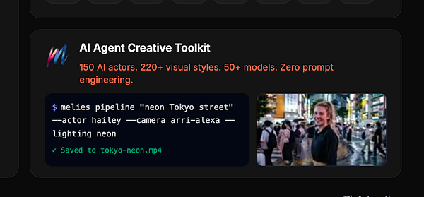 Advertisement for Melies agent toolkit promoting cross-platform skill development for agents.