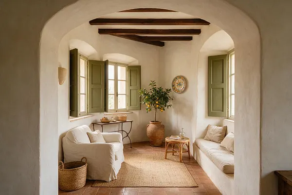 A cozy Mediterranean-style sunroom with white plaster walls, arched openings, and exposed dark wood ceiling beams. Cream upholstered seating, olive-green shutters, terracotta tile flooring, woven baskets, and a potted citrus tree create a warm, sunlit retreat.