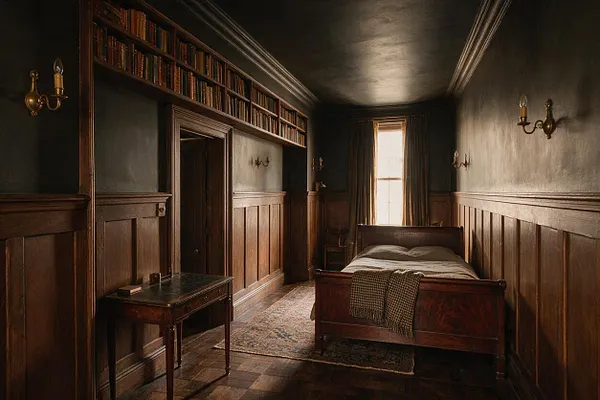 A narrow bedroom with dark painted walls, rich wood wainscoting, and a high shelf of books running above the doorway. A wooden bed sits near a bright window with heavy drapes, while brass wall sconces and a small antique table add a scholarly, vintage atmosphere.