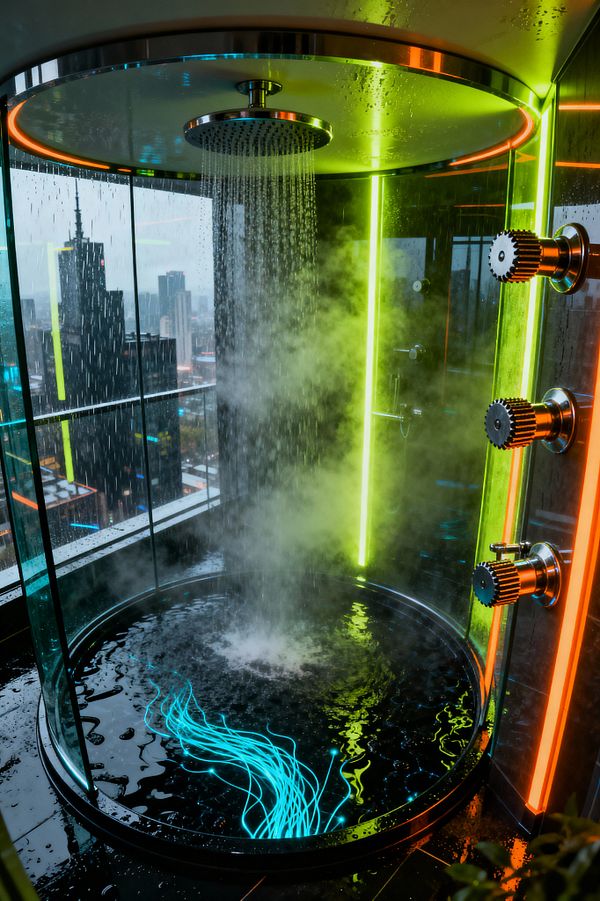 High-rise bathroom featuring a circular, floor-to-ceiling glass shower with a stainless-steel rain head and three gear-like chrome control knobs. Vertical LED light strips in neon green and orange illuminate glossy black surfaces while steam rises through falling water. The round base glows with cyan fiber-optic lines, reflecting in the wet floor, and a panoramic city skyline beyond the glass reinforces the futuristic, cyberpunk mood.