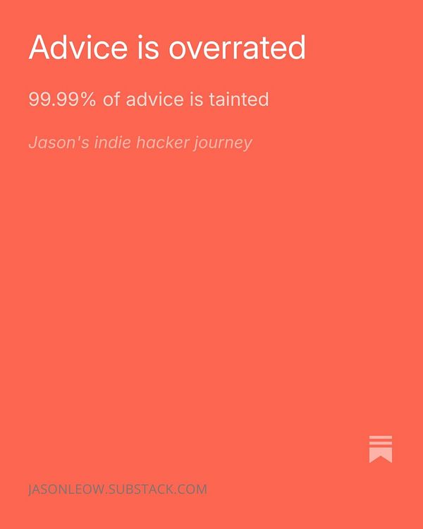 A promotional newsletter banner titled 'Advice is Overrated' by Jason Leow featuring two folded hands in prayer against a blue sky background.
