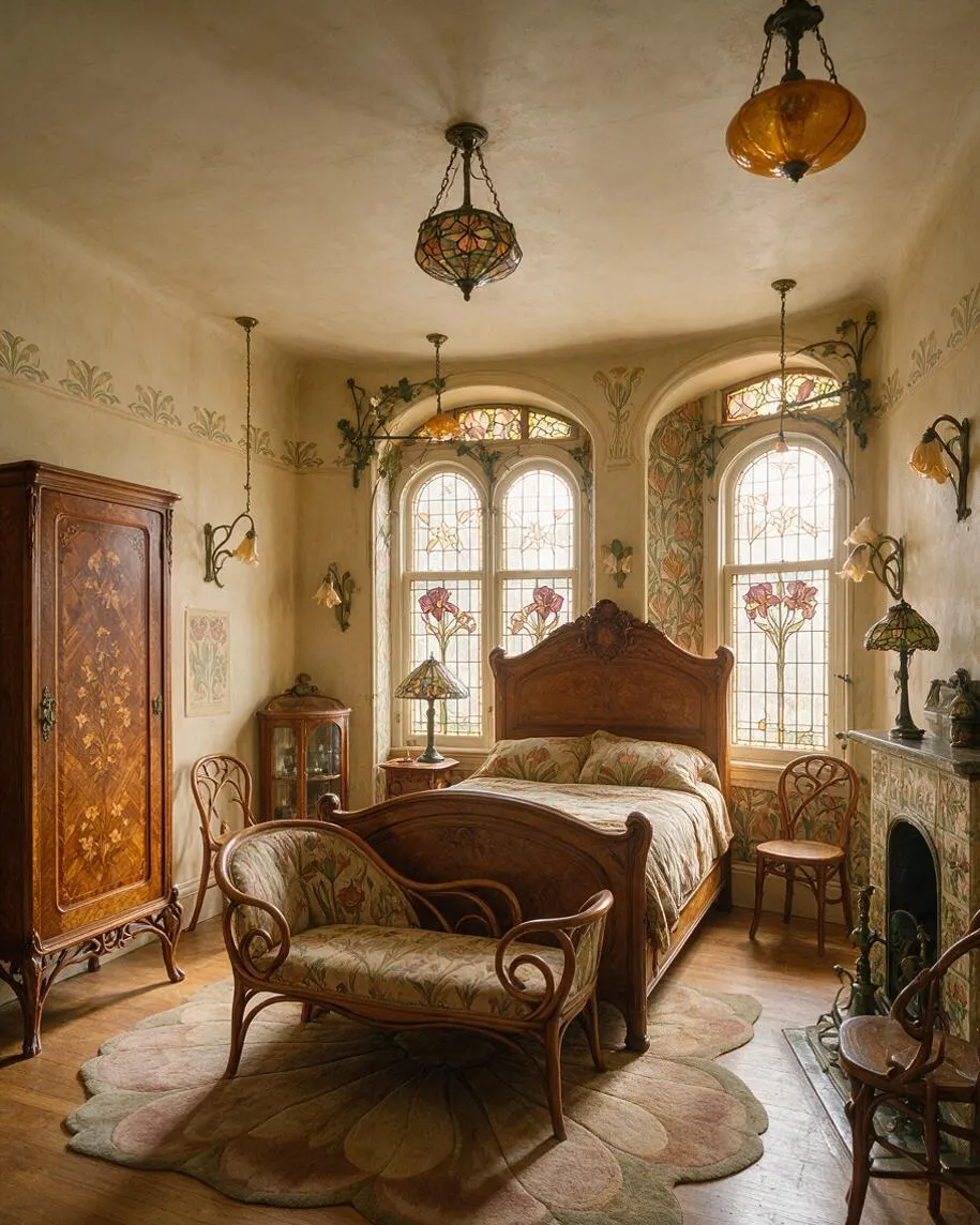 A richly decorated Art Nouveau bedroom with a carved wooden bed, matching settee, and floral-upholstered seating. The room features stained-glass windows, arched openings, amber glass pendant lights, hand-painted wall motifs, and warm wood furniture with botanical detailing.