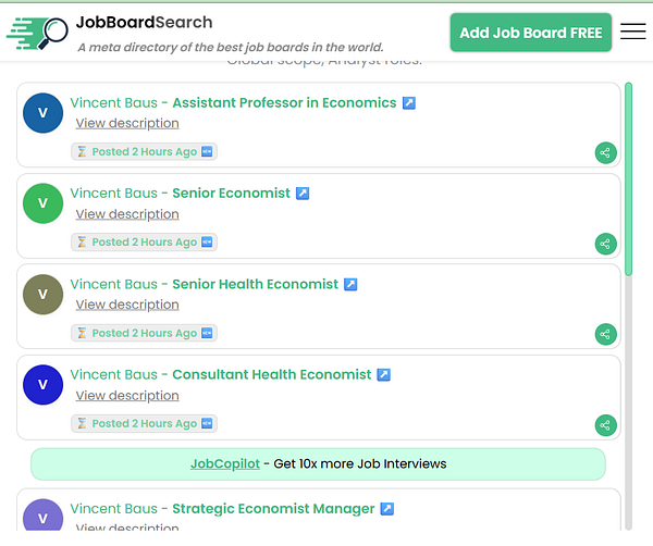 The image displays a job board interface listing various job positions related to economics.