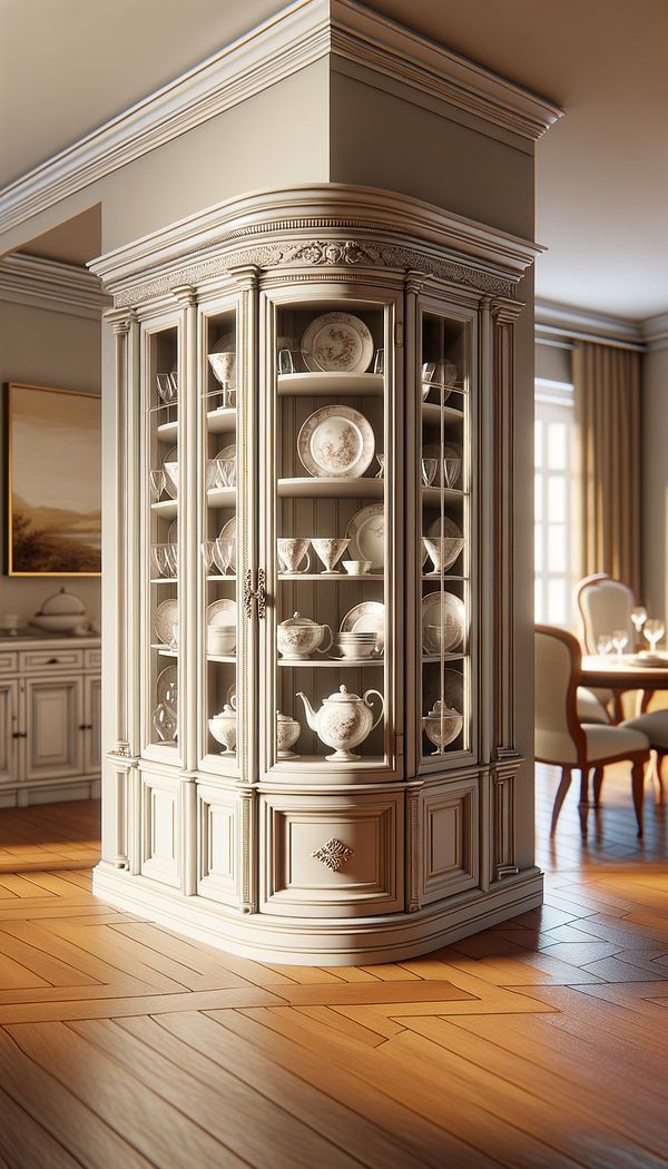 An elegant corner cupboard with glass doors filled with fine china, nestled into a cozy dining room corner.
