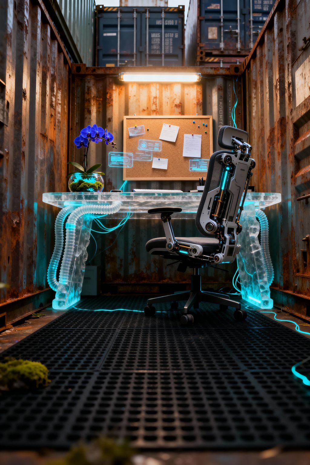 A compact home office inside a rusted shipping container shows a clear acrylic desk with sculptural ribbed legs illuminated by cyan LEDs and flexible tubing. A high-tech gray ergonomic chair with exposed metal mechanisms rests on a black perforated rubber floor. Above the desk, a bright tube light and a corkboard with pinned notes organize the wall, while a glass bowl with a purple orchid and moss adds color among the raw steel surfaces and glowing cables.