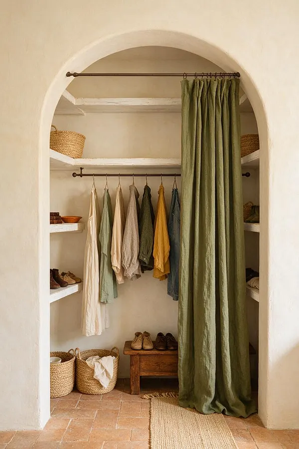 A Mediterranean-style closet is framed by a rounded plaster arch and finished in warm neutral tones. Open white shelves, dark metal hanging rods, woven baskets, and a green linen curtain create a relaxed, natural storage space with clothing, shoes, and a small wooden bench.