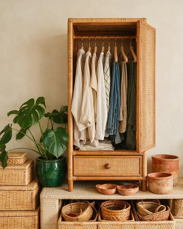 A bohemian-style closet made of woven rattan stands against a warm beige wall, with an open door revealing neutral garments on wooden hangers. Below it sits a matching rattan drawer, surrounded by woven baskets, terracotta pots, and a leafy green plant in a dark green ceramic pot.