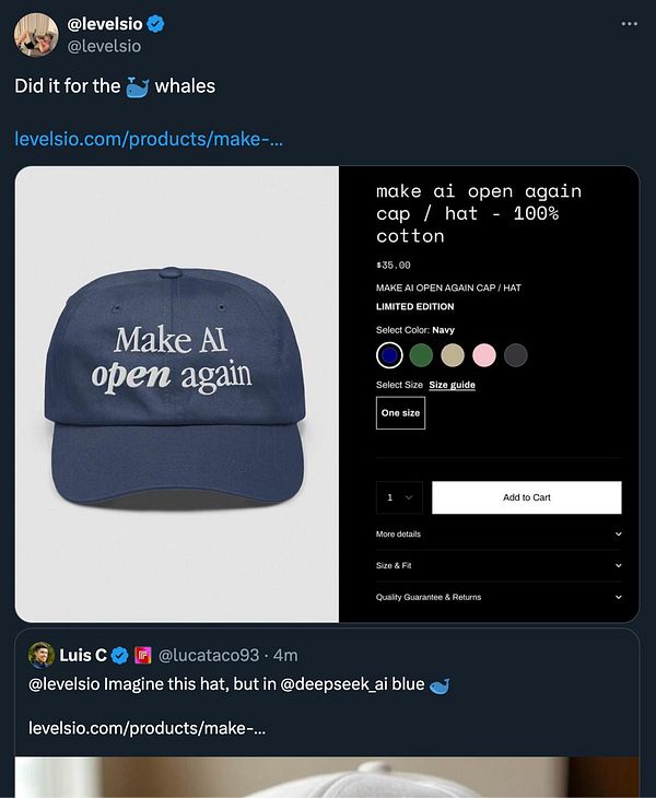 A navy blue cap featuring the phrase 'Make AI open again' is displayed alongside a product listing.