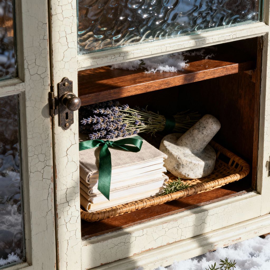 A close-up of a cream-painted cabinet with a crackle finish and rippled glass stands open in bright sunlight. Inside, a dark wood shelf holds a rattan tray with linen-covered journals tied in green ribbon, a gray granite pestle, and a bundled spray of dried lavender; a light dusting of snow edges the shelf while an aged metal latch and sharp shadows emphasize the textured, timeworn surfaces.