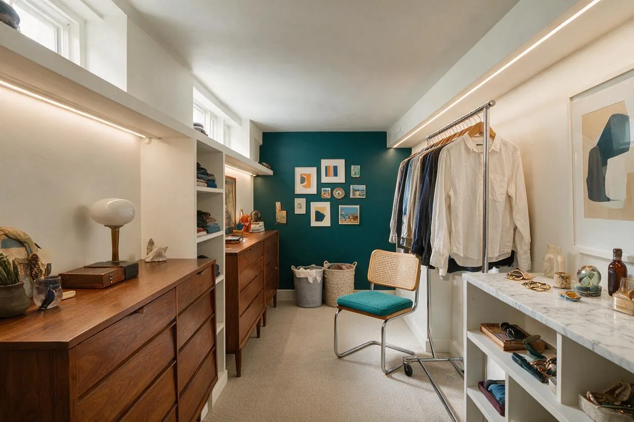 A narrow walk-in closet with a teal accent wall, white built-in shelving, wood dressers, and a chrome clothing rack holding shirts. The space includes framed artwork, a mid-century style chair with a teal cushion, a marble-topped surface with accessories, and warm natural light from small windows.