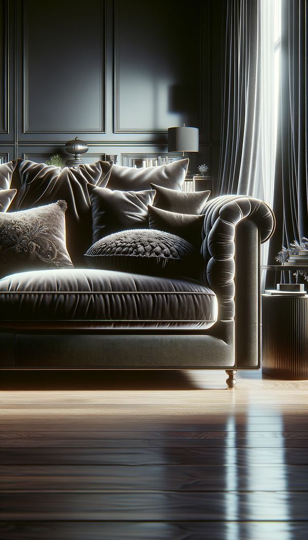 An elegantly designed living room featuring a luxurious velvet sofa with plush throw pillows, showcasing the fabric's rich texture and sheen under soft lighting.