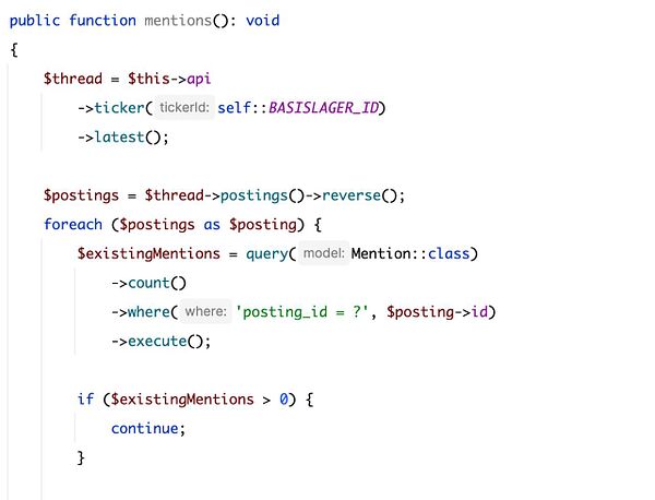 The image displays a code snippet for a function that checks for mentions in a forum thread.