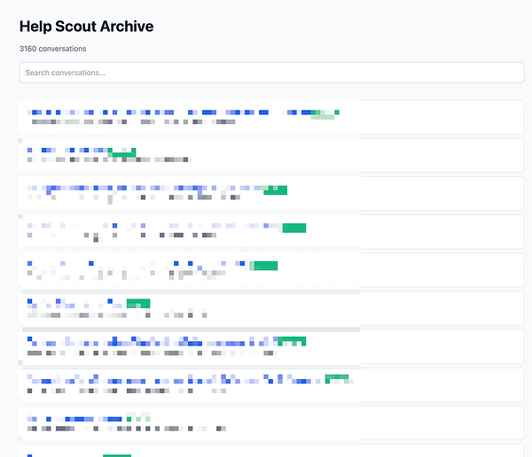 Screenshot of data table with columns including message ID, subject, requester email, tags, and dates from Help Scout data export.