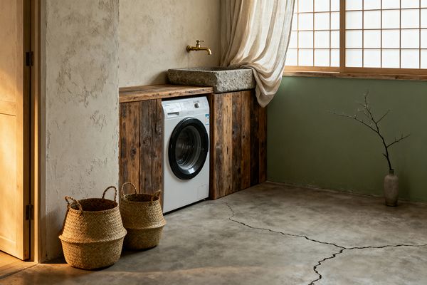 A serene laundry room features a front-loading washing machine built into rustic reclaimed-wood cabinets beside a rough stone sink with a brass wall-mounted faucet. Diffused daylight passes through wood-framed shoji screens and a draped linen curtain, highlighting textured plaster walls, a sage green lower wall, a cracked concrete floor, two woven baskets near the doorway, and a simple clay vase holding a single bare branch.
