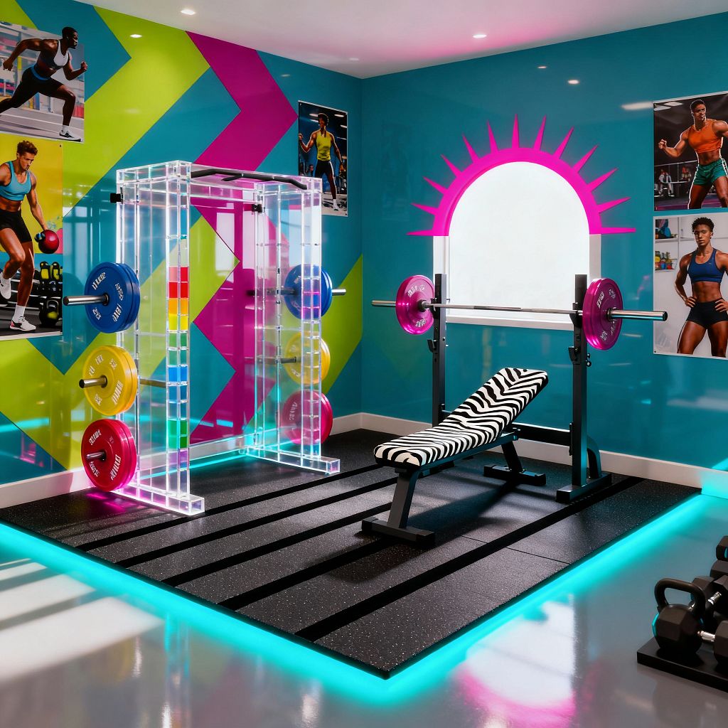 A pop art–inspired home gym with glossy teal walls decorated with lime and magenta zigzag graphics. A transparent acrylic power rack with LED edges stands beside an adjustable bench upholstered in black‑and‑white zebra print, a barbell with hot‑pink plates, and a black speckled rubber platform glowing cyan. An arched window framed by a neon pink sunburst, energetic athlete posters, kettlebells on a low rack, polished epoxy flooring, and recessed ceiling lights complete the vivid, high‑contrast scene.