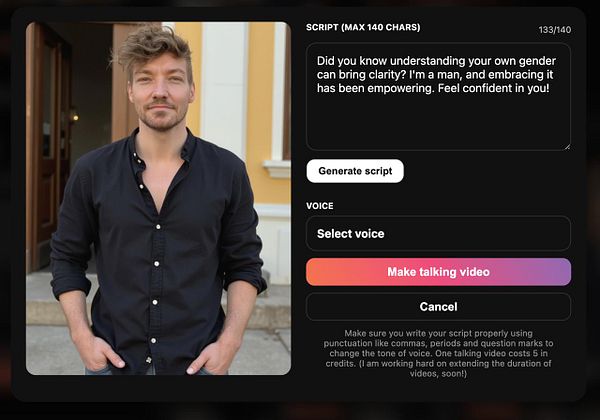 A man stands confidently in front of a building, with a script and video generation interface displayed on the side.