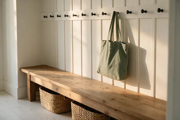 A bright farmhouse-style entryway nook with a long rustic wooden bench against white paneled walls. A muted green canvas tote hangs from black wall hooks above woven baskets tucked underneath the bench.