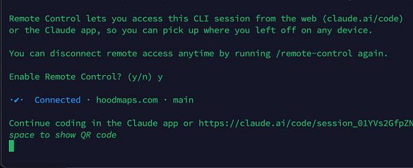 A screenshot of a remote control interface from Claude Code related to Hoodmaps on a mobile device.