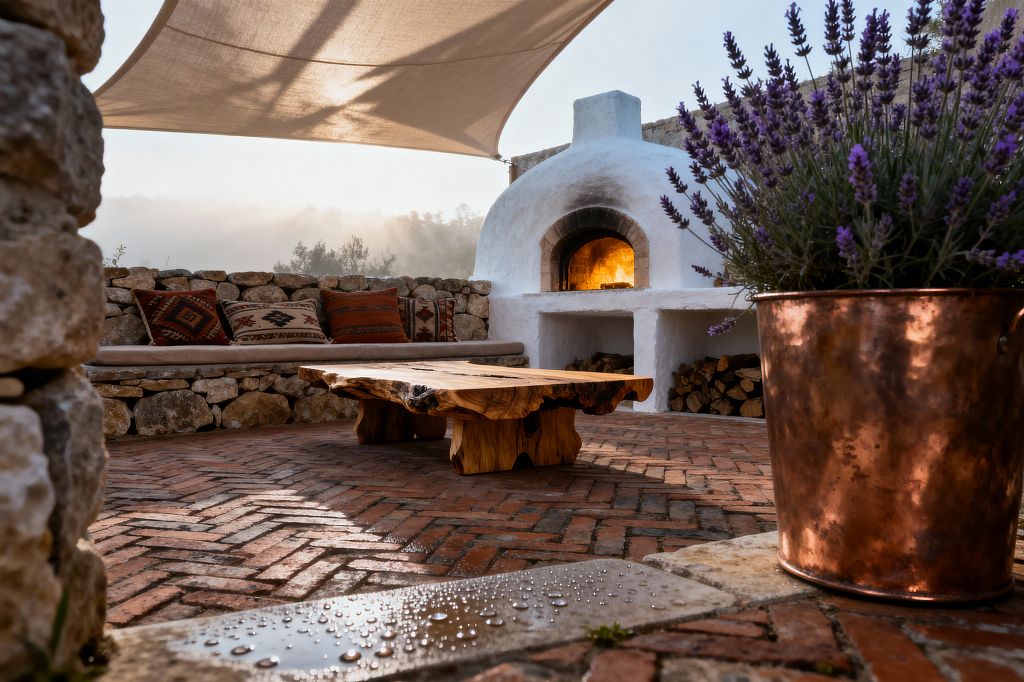 A rustic patio with herringbone red-brick flooring sits beneath a canvas shade sail. A domed white-stucco wood-fired oven glows at the back, with stacked logs in open niches. A stone wall forms a built-in bench topped with a cushion and patterned kilim pillows. At the center stands a low live-edge wood coffee table. In the foreground, lavender fills a burnished copper pot, and morning mist and water droplets catch the light across the warm, earthy setting.
