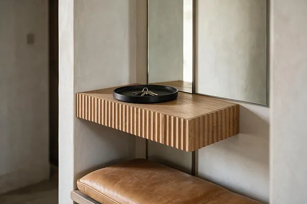 A modern entryway vignette with a floating fluted oak shelf mounted against a light neutral wall, topped with a black tray holding keys. A rectangular mirror reflects the pale interior, and a tan leather bench cushion sits below, adding warmth and texture.