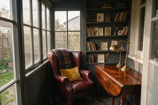 A narrow backyard garden room styled in Dark Academia features a burgundy leather wingback chair with a plaid throw and mustard cushion beside a polished wood table. Built-in shelves hold vintage books and botanical prints, while tall windows frame the outdoor view and cast soft daylight into the moody space.