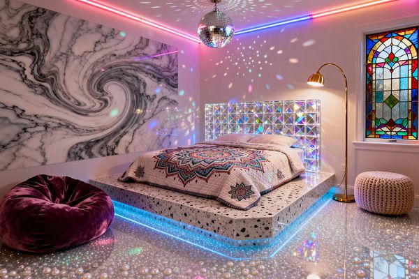 A psychedelic bedroom with a terrazzo platform bed underlit by blue LEDs, topped with a mandala-patterned quilt and backed by a faceted iridescent headboard. A ceiling disco ball and pink-blue neon strips scatter rainbow light across white walls, a large black-and-white marble-swirled art panel, and a stained-glass window. A brass arc floor lamp, plum velvet beanbag, and chunky knit pouf sit on a glossy floor dotted with reflective beads.