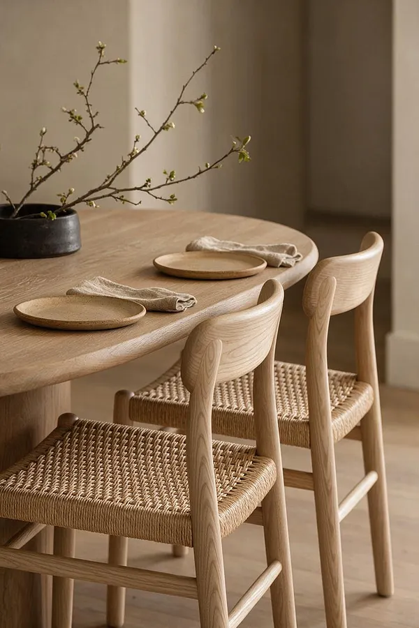 A serene dining vignette features a rounded light oak table set with simple ceramic plates and folded linen napkins. Two woven rush bar stools with curved pale wood backs sit beneath the table, while a dark ceramic vase holds delicate branching stems on the tabletop.