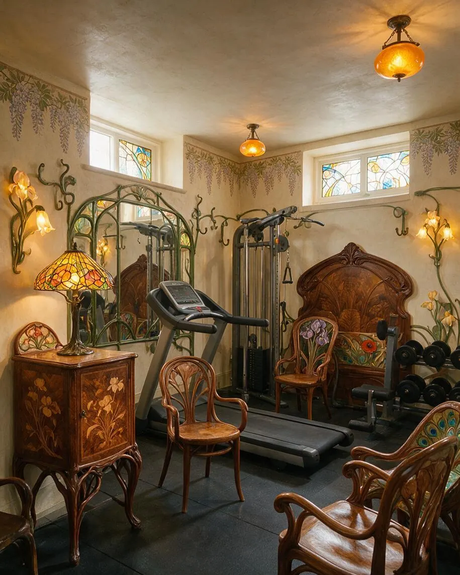 A small home gym decorated in Art Nouveau style with a treadmill, cable machine, dumbbells, and carved wooden chairs. The room features stained-glass windows, floral wall murals, amber glass pendant lights, and richly detailed wood furniture with curving botanical motifs.