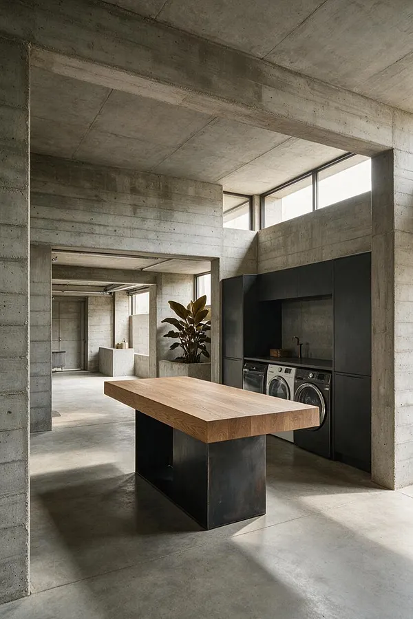 A spacious laundry room with exposed concrete walls, ceiling, and beams, centered around a thick wood-topped island with a dark base. Matte black cabinetry houses a washer and dryer, while high clerestory windows bring in soft natural light and a potted plant adds a touch of warmth.