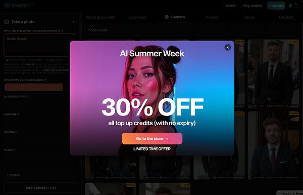 A promotional popup for a photo AI application offering a discount on credits.