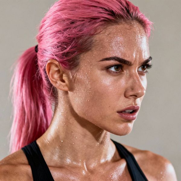 A close-up portrait of a woman with pink hair, showcasing a determined expression and glistening skin.