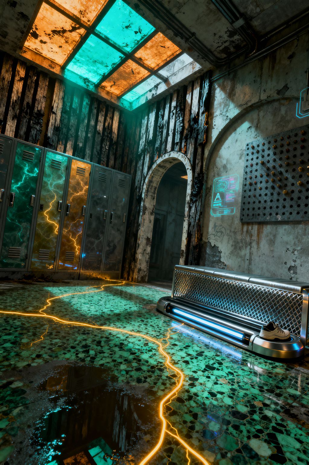 A cyberpunk mudroom with distressed concrete walls and charred wood accents features galvanized metal lockers, a stainless bench with blue underglow, and a green terrazzo floor crossed by amber LED inlays that resemble glowing cracks. Colored skylight panels wash the space in teal and orange, while a holographic interface hovers on the wall and puddles on the floor reflect the neon light.